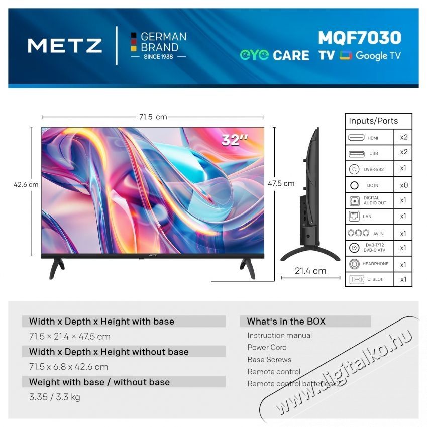 Metz QLED 32MQF7030Z Telev&iacute;zi&oacute;, 80 cm, Smart Google TV, HD, E energiaoszt&aacute;ly Telev&iacute;zi&oacute;k - LED telev&iacute;zi&oacute; - 720p HD Ready felbont&aacute;s&uacute; - 535452