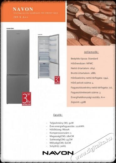 Navon 289 X A++ No Frost alulfagyasztós hűtőszekrény Konyhai termékek - Hűtő, fagyasztó (szabadonálló) - Alulfagyasztós kombinált hűtő - 351229
