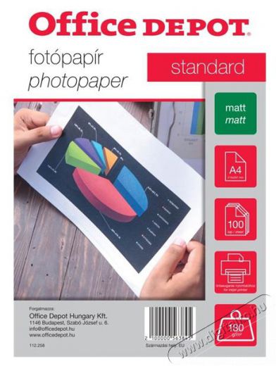 Office Depot Standard A4 180g matt 100db fotópapír Fotó-Videó kiegészítők - Kisméretű fotónyomtató - Fotópapír - 396966