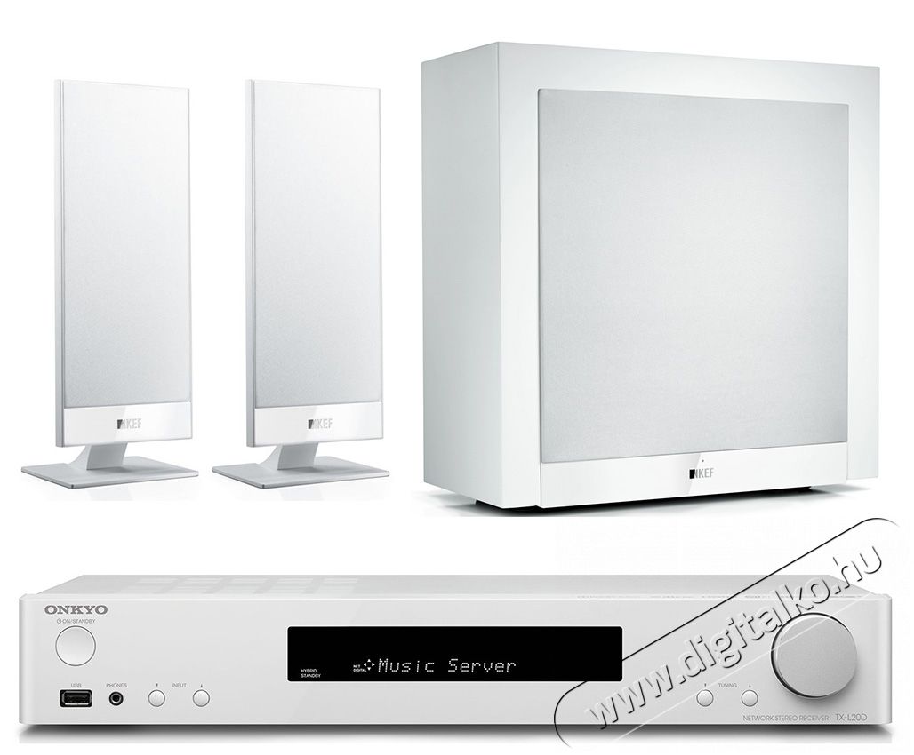 Onkyo TX-L20D sztereó rádióerősítő + KEF T-101 hangfal pár + KEF T-2 aktív mélynyomó - fehér Audio-Video / Hifi / Multimédia - Házimozi - Összeállított házimozi szett - 322045