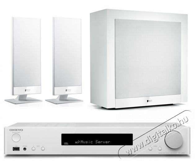 Onkyo TX-L20D sztereó rádióerősítő + KEF T-101 hangfal pár + KEF T-2 aktív mélynyomó - fehér Audio-Video / Hifi / Multimédia - Házimozi - Összeállított házimozi szett - 322045