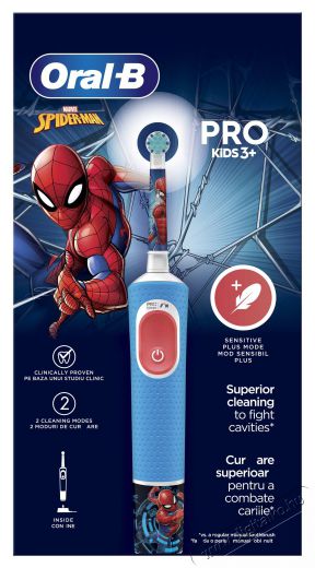 Oral-B Pro Kids Spiderman elektromos fogkefe gyerekeknek, 2D tisztítás, 2 program, 1 vég, 4 matrica, kék Szépségápolás / Egészség - Száj / fog ápolás - Elektromos fogkefe - 500925