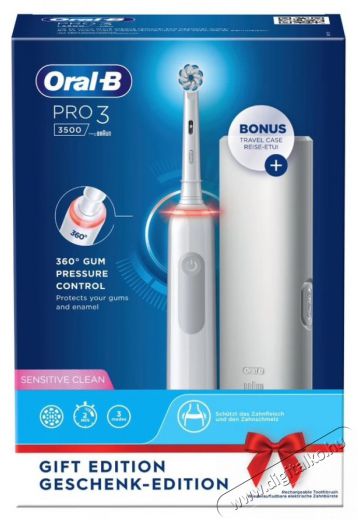 Oral-B Pro 3 3500 Elektromos fogkefe (80365699), 3D tisztítás, 3 program, 1 töltő, 1 fej, Utazókészlet, Fehér Szépségápolás / Egészség - Száj / fog ápolás - Elektromos fogkefe - 501402