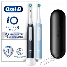 Oral-B iO3 elektromos fogkefe k&eacute;szlet, m&aacute;gneses technol&oacute;gi&aacute;val &eacute;s mikrovibr&aacute;ci&oacute;kkal, intelligens nyom&aacute;s&eacute;rz&eacute;kelővel, 3 &uuml;zemm&oacute;ddal, 2 fejjel, utaz&oacute;k&eacute;szlettel, fekete/k&eacute;k, 2 db Sz&eacute;ps&eacute;g&aacute;pol&aacute;s / Eg&eacute;szs&eacute;g - Sz&aacute;j / fog &aacute;pol&aacute;s - Elektromos fogkefe - 533624