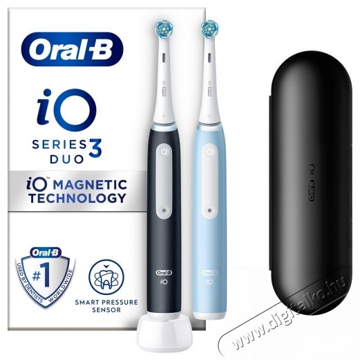 Oral-B iO3 elektromos fogkefe k&eacute;szlet, m&aacute;gneses technol&oacute;gi&aacute;val &eacute;s mikrovibr&aacute;ci&oacute;kkal, intelligens nyom&aacute;s&eacute;rz&eacute;kelővel, 3 &uuml;zemm&oacute;ddal, 2 fejjel, utaz&oacute;k&eacute;szlettel, fekete/k&eacute;k, 2 db Sz&eacute;ps&eacute;g&aacute;pol&aacute;s / Eg&eacute;szs&eacute;g - Sz&aacute;j / fog &aacute;pol&aacute;s - Elektromos fogkefe - 533624
