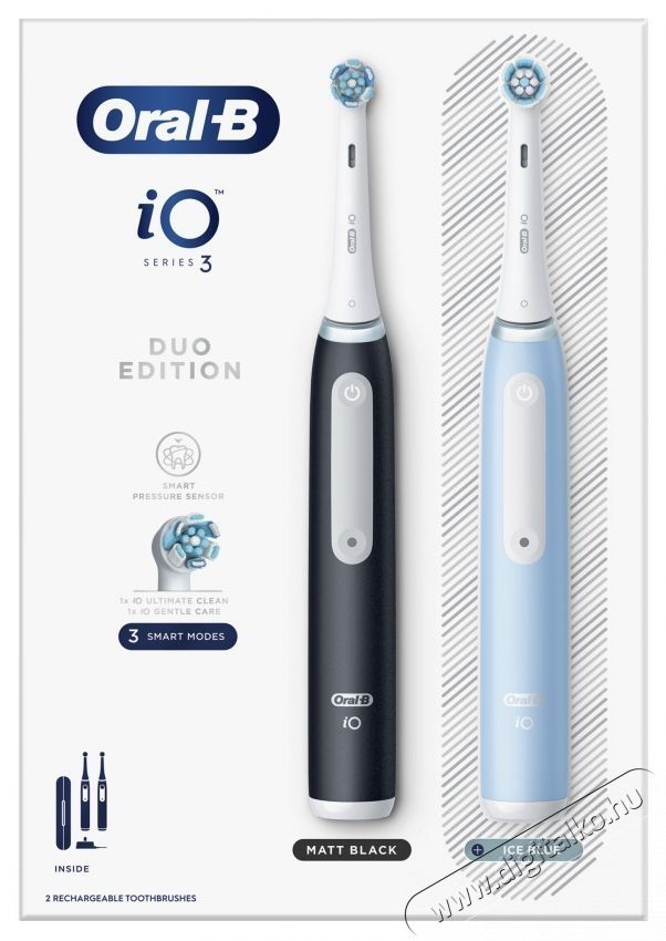 Oral-B iO3 elektromos fogkefe k&eacute;szlet, m&aacute;gneses technol&oacute;gi&aacute;val &eacute;s mikrovibr&aacute;ci&oacute;kkal, intelligens nyom&aacute;s&eacute;rz&eacute;kelővel, 3 &uuml;zemm&oacute;ddal, 2 fejjel, utaz&oacute;k&eacute;szlettel, fekete/k&eacute;k, 2 db Sz&eacute;ps&eacute;g&aacute;pol&aacute;s / Eg&eacute;szs&eacute;g - Sz&aacute;j / fog &aacute;pol&aacute;s - Elektromos fogkefe - 533624