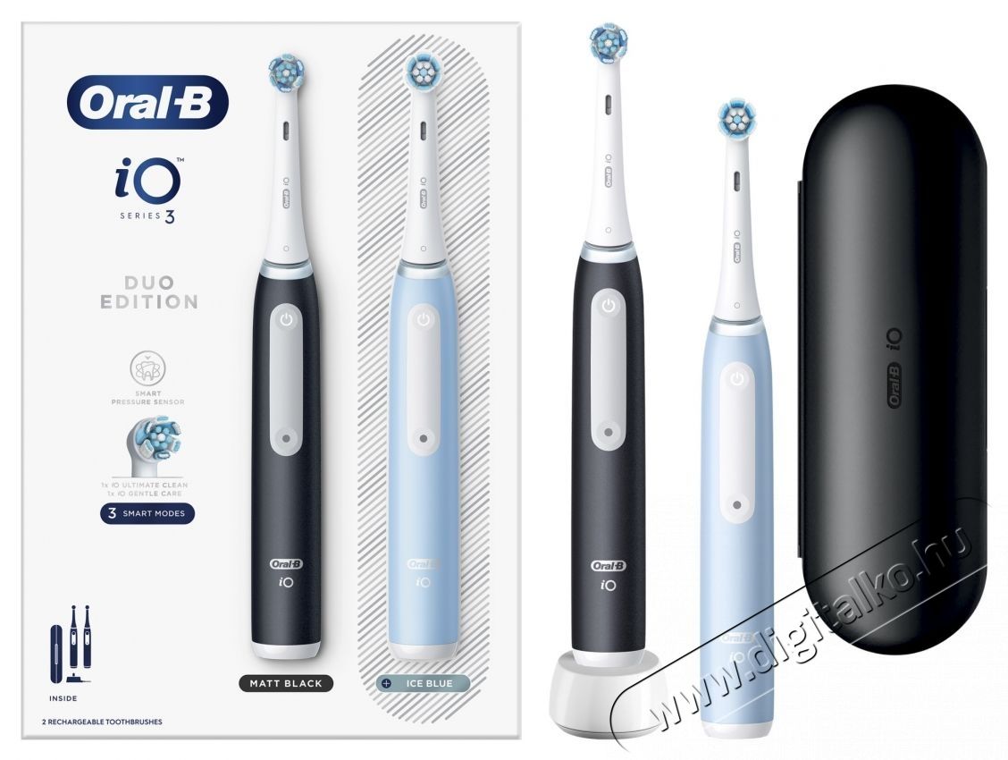Oral-B iO3 elektromos fogkefe k&eacute;szlet, m&aacute;gneses technol&oacute;gi&aacute;val &eacute;s mikrovibr&aacute;ci&oacute;kkal, intelligens nyom&aacute;s&eacute;rz&eacute;kelővel, 3 &uuml;zemm&oacute;ddal, 2 fejjel, utaz&oacute;k&eacute;szlettel, fekete/k&eacute;k, 2 db Sz&eacute;ps&eacute;g&aacute;pol&aacute;s / Eg&eacute;szs&eacute;g - Sz&aacute;j / fog &aacute;pol&aacute;s - Elektromos fogkefe - 533624
