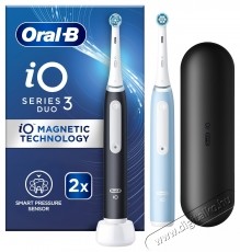 Oral-B iO3 elektromos fogkefe k&eacute;szlet, m&aacute;gneses technol&oacute;gi&aacute;val &eacute;s mikrovibr&aacute;ci&oacute;kkal, intelligens nyom&aacute;s&eacute;rz&eacute;kelővel, 3 &uuml;zemm&oacute;ddal, 2 fejjel, utaz&oacute;k&eacute;szlettel, fekete/k&eacute;k, 2 db Sz&eacute;ps&eacute;g&aacute;pol&aacute;s / Eg&eacute;szs&eacute;g - Sz&aacute;j / fog &aacute;pol&aacute;s - Elektromos fogkefe - 533624