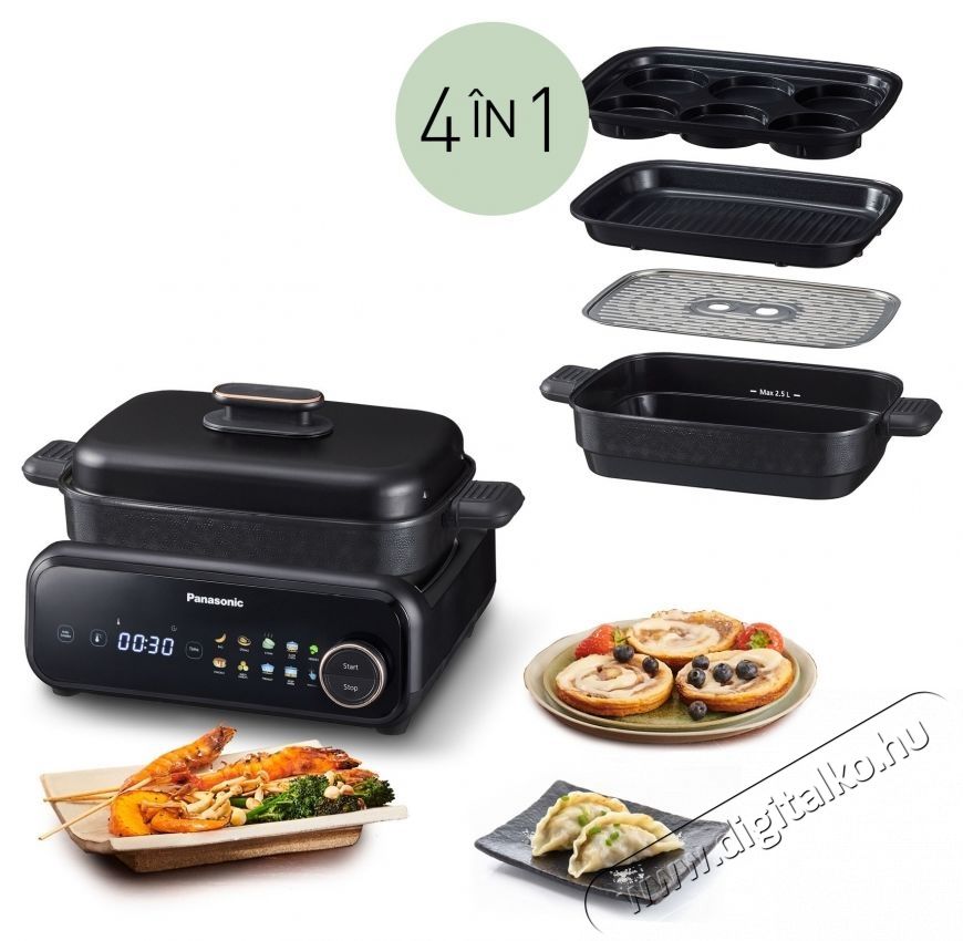 PANASONIC NF-GM400KXE 4 az 1-ben multifunkci&oacute;s grill, 1524 W, 40  C&ndash;250  C, 9 program, 4 serpenyő, t&ouml;bb mint 80 recept, v&iacute;zszűrős f&uuml;stelsz&iacute;v&oacute;, fekete Konyhai term&eacute;kek - Konyhai kisg&eacute;p (s&uuml;t&eacute;s / főz&eacute;s / hűt&eacute;s / &eacute;telk&eacute;sz&iacute;t&eacute;s) - Kontakt grill s&uuml;tő / s&uuml;tőlap - 533636