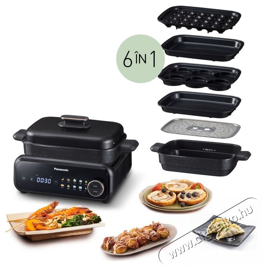 PANASONIC NF-GM600KXE 6 az 1-ben multifunkci&oacute;s grill, 1524 W, 40  C&ndash;250  C, 9 program, 6 serpenyő, t&ouml;bb mint 100 recept, v&iacute;zszűrős f&uuml;stelsz&iacute;v&oacute;, fekete Konyhai term&eacute;kek - Konyhai kisg&eacute;p (s&uuml;t&eacute;s / főz&eacute;s / hűt&eacute;s / &eacute;telk&eacute;sz&iacute;t&eacute;s) - Kontakt grill s&uuml;tő / s&uuml;tőlap - 533635
