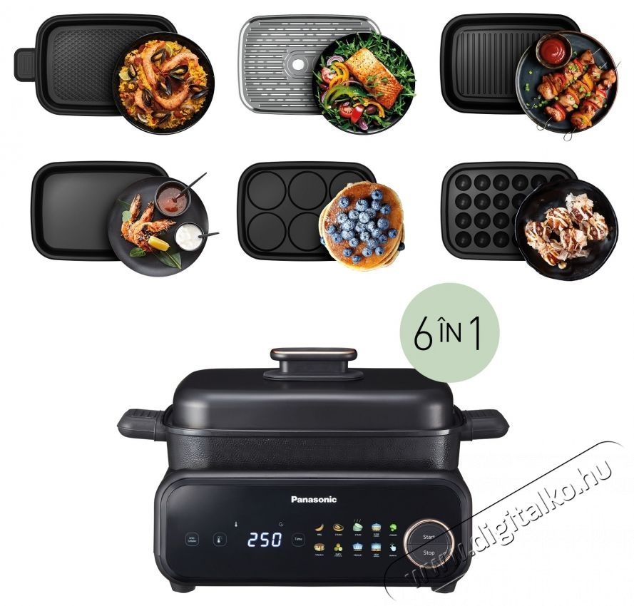 PANASONIC NF-GM600KXE 6 az 1-ben multifunkci&oacute;s grill, 1524 W, 40  C&ndash;250  C, 9 program, 6 serpenyő, t&ouml;bb mint 100 recept, v&iacute;zszűrős f&uuml;stelsz&iacute;v&oacute;, fekete Konyhai term&eacute;kek - Konyhai kisg&eacute;p (s&uuml;t&eacute;s / főz&eacute;s / hűt&eacute;s / &eacute;telk&eacute;sz&iacute;t&eacute;s) - Kontakt grill s&uuml;tő / s&uuml;tőlap - 533635