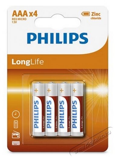 PHILIPS R03L4B/10 Longlife AAA elem - 4db Akkuk és töltők - Elem - 362093
