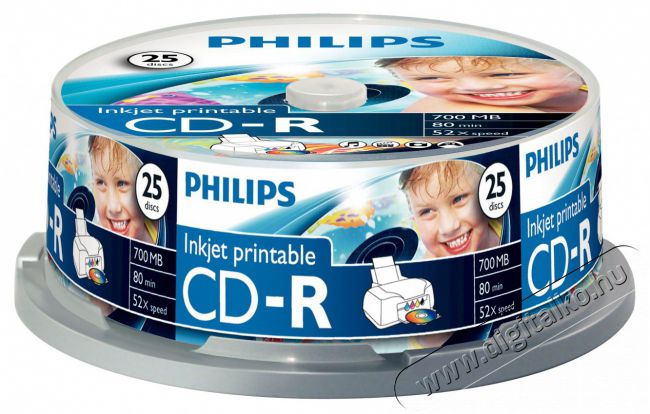 PHILIPS CD-R80IW 52x nyomtatható cake box lemez 25db/csomag Iroda és számítástechnika - Számítógép tartozék - CD / DVD tartó / tasak - 398208