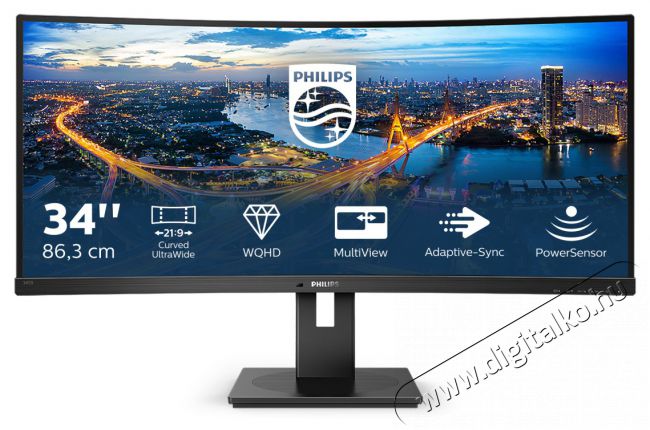 PHILIPS Ívelt VA monitor 34 345B1C, 3440x1440, 21:9, 300 cd/m2, 5ms, HDMI/DisplayPort/USB-C/4xUSB, LAN, hangszóró  Iroda és számítástechnika - Monitor - Monitor - 484197