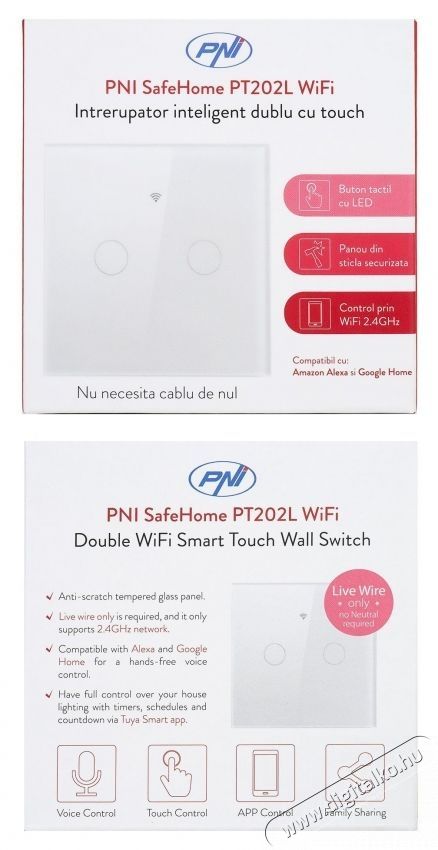 PNI SafeHome PT202L Intelligens &eacute;rintőkapcsol&oacute;, Wi-Fi, 10A, Tuya Smart alkalmaz&aacute;s, Alexa &eacute;s Google Asszisztens kompatibilis, Feh&eacute;r H&aacute;ztart&aacute;s / Otthon / K&uuml;lt&eacute;r - Vil&aacute;g&iacute;t&aacute;s / elektromoss&aacute;g - L&aacute;mpa kieg&eacute;sz&iacute;tő - 540476