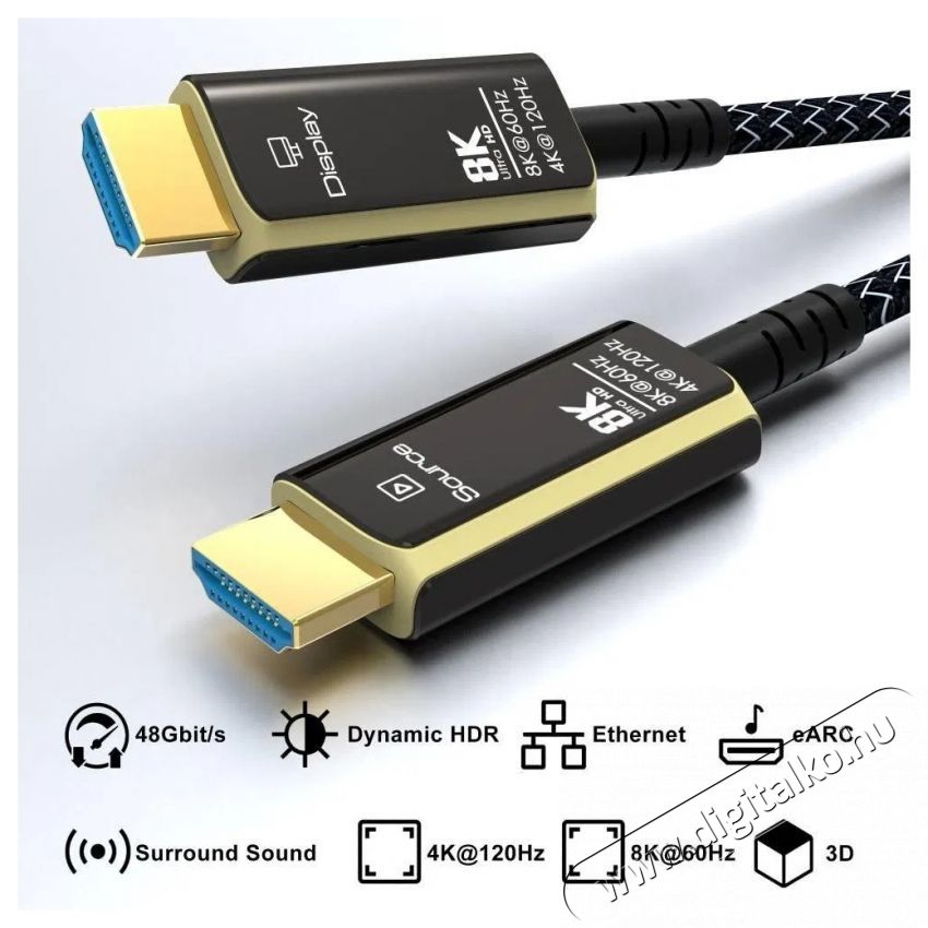 PremiumCord Ultra High Speed HDMI 2.1 Optikai &uuml;vegsz&aacute;lk&aacute;bel, 8K/60Hz, aranyozott, 5m videok&aacute;bel 5m Tv kieg&eacute;sz&iacute;tők - K&aacute;bel / csatlakoz&oacute; - Hdmi k&aacute;bel - 532092