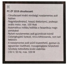 Proficook PC-ZP 1018 citrusfacsaró Konyhai termékek - Konyhai kisgép (előkészítés / feldolgozás) - Citrus / gyümölcs facsaró - 348025