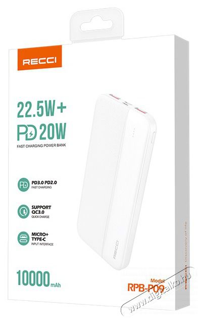 RECCI RPB-P09W PD 20W TypeC 10.000mAh fehér powerbank Mobil / Kommunikáció / Smart - Powerbank / Külső akkumulátor és töltő - 462228