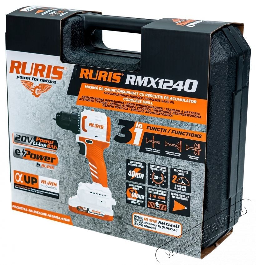 RURIS RMX1240, 20 V, 2 sebess&eacute;g, kefe n&eacute;lk&uuml;li motor, akkumul&aacute;tor, t&ouml;ltő H&aacute;ztart&aacute;s / Otthon / K&uuml;lt&eacute;r - Szersz&aacute;m - Akkumul&aacute;toros csavarh&uacute;z&oacute; - 537248