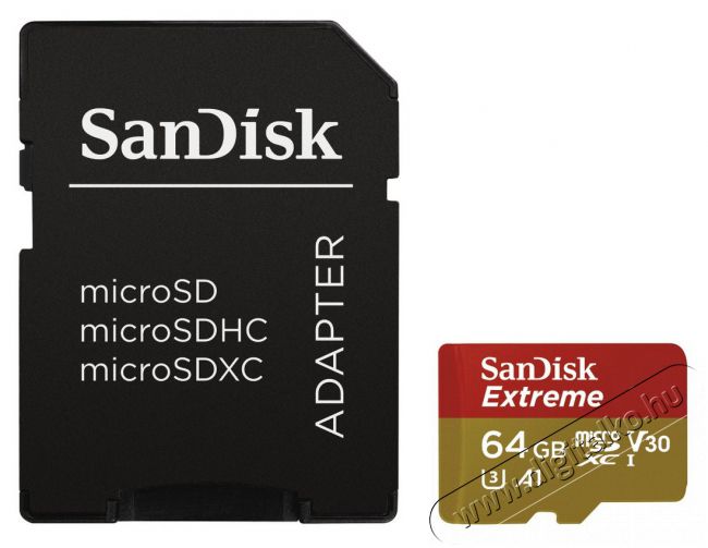 SanDisk microSDHC Extreme 64GB UHS-I V30 A1 + adapter (173421) Memória kártya / Pendrive - MicroSD / MicroSDHC kártya - 320429