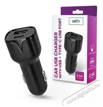 SETTY TF-0026 2,4A univerzális USB + Type-C fekete autós töltő Autóhifi / Autó felszerelés - Autós tartó - 407756