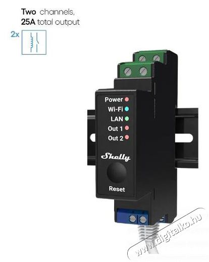 SHELLY Pro 2PM, kapcsolómodul DIN-sínre, 2×16 A, fogyasztásmérés, LAN, WiFi, Bluetooth Újdonságok - Új termékek - 521486