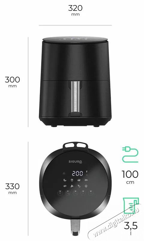 Siguro AF-C350B Air Fry Ceramic Konyhai term&eacute;kek - Konyhai kisg&eacute;p (s&uuml;t&eacute;s / főz&eacute;s / hűt&eacute;s / &eacute;telk&eacute;sz&iacute;t&eacute;s) - L&eacute;gkever&eacute;ses főzőg&eacute;p / elektromos kukta / multifunkci&oacute;s s&uuml;tő - 520582