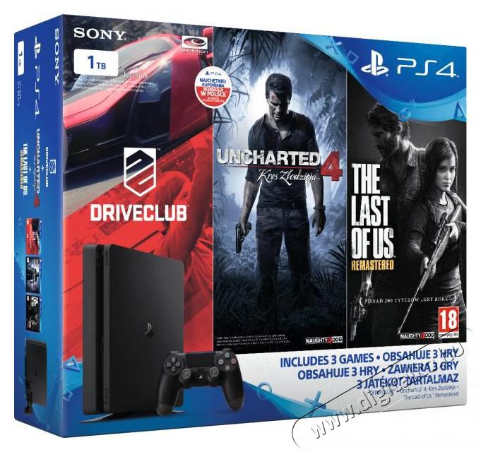 SONY PlayStation 4 (PS4) Slim 1TB fekete konzol + Uncharted 4 + Driverclub + The Last of Us játékok Iroda és számítástechnika - Játék konzol - Playstation 4 (PS4) konzol - 313059