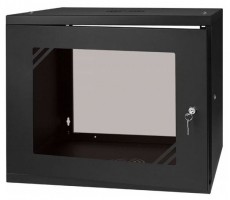 Stalflex RC19-9U-450GB 19" 9U 450 mm mély lapra szerelt fekete üveg ajtós fali rack szekrény Újdonságok - Új termékek - 390614