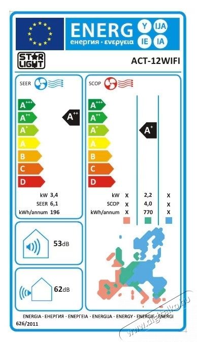 Star-Light ACT-12WIFI Kl&iacute;ma, 3.5kW, Fűt&eacute;s funkci&oacute;, Inverter, WiFi, Kijelző, A++ energiaoszt&aacute;ly, Feh&eacute;r H&aacute;ztart&aacute;s / Otthon / K&uuml;lt&eacute;r - Ventil&aacute;tor / L&eacute;gkondicion&aacute;l&oacute; - Split kl&iacute;ma - 537369