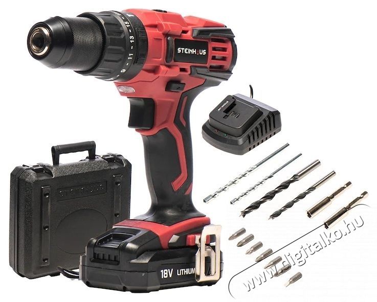 Steinhaus PRO-CD18M Akkus &uuml;tvef&uacute;r&oacute;-csavaroz&oacute;, 18V 2.0Ah Li-Ion, 50Nm, 21 nyomat&eacute;kfokozat, 2 sebess&eacute;g 400/1600 ford/perc, 13mm-es f&eacute;m gyorstokm&aacute;ny, 13 kieg&eacute;sz&iacute;tő, műanyag doboz H&aacute;ztart&aacute;s / Otthon / K&uuml;lt&eacute;r - Szersz&aacute;m - F&uacute;r&oacute; / f&uacute;r&oacute;kalap&aacute;cs - 537375