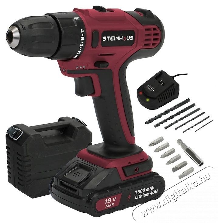 Steinhaus PRO-CD18X Li-Ion Akkus f&uacute;r&oacute;- csavaroz&oacute;g&eacute;p, 18V, 1.3Ah 30Nm, 17 nyomat&eacute;kfokozat, 2 sebess&eacute;g 400/1500 ford/perc, 10mm-es gyorstokm&aacute;ny, 13 kieg&eacute;sz&iacute;tő, műanyag koffer H&aacute;ztart&aacute;s / Otthon / K&uuml;lt&eacute;r - Szersz&aacute;m - F&uacute;r&oacute; / f&uacute;r&oacute;kalap&aacute;cs - 537377