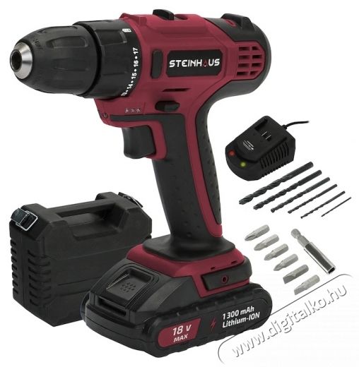 Steinhaus PRO-CD18X Li-Ion Akkus f&uacute;r&oacute;- csavaroz&oacute;g&eacute;p, 18V, 1.3Ah 30Nm, 17 nyomat&eacute;kfokozat, 2 sebess&eacute;g 400/1500 ford/perc, 10mm-es gyorstokm&aacute;ny, 13 kieg&eacute;sz&iacute;tő, műanyag koffer H&aacute;ztart&aacute;s / Otthon / K&uuml;lt&eacute;r - Szersz&aacute;m - F&uacute;r&oacute; / f&uacute;r&oacute;kalap&aacute;cs - 537377