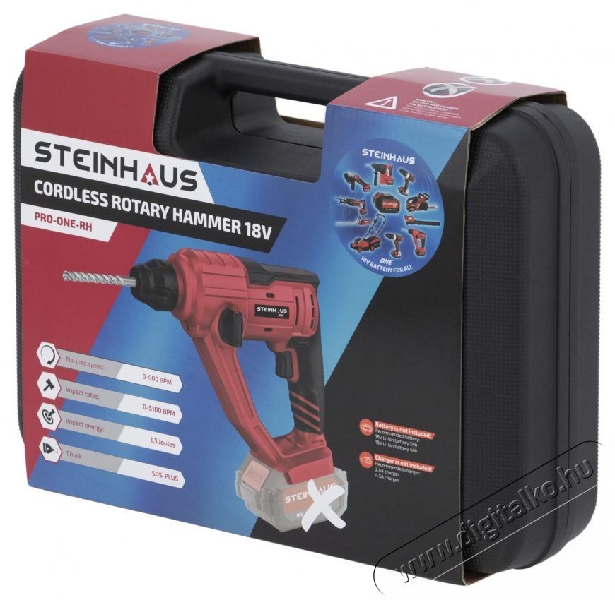 Steinhaus ONE 18V PRO-ONE-RH Akkus f&uacute;r&oacute;kalap&aacute;cs, 1.5 J, 900 ford./perc, 5100 &uuml;t&eacute;s/perc, SDS-Plus tokm&aacute;ny, 2 funkci&oacute;, akkumul&aacute;tor &eacute;s t&ouml;ltő n&eacute;lk&uuml;l, kofferben, 4 db SDS f&uacute;r&oacute;sz&aacute;rral H&aacute;ztart&aacute;s / Otthon / K&uuml;lt&eacute;r - Szersz&aacute;m - F&uacute;r&oacute; / f&uacute;r&oacute;kalap&aacute;cs - 537371