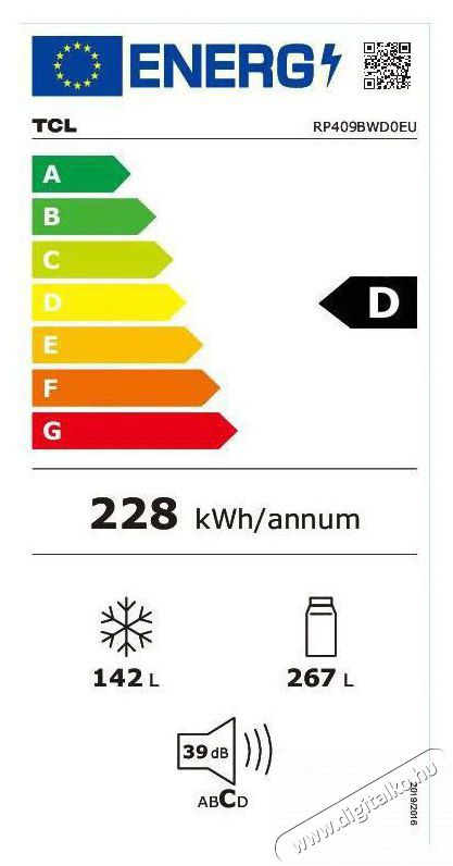 TCL RP409BWD0EU Szabadon&aacute;ll&oacute; alulfagyaszt&oacute;s kombin&aacute;lt hűtő Konyhai term&eacute;kek - Hűtő, fagyaszt&oacute; (szabadon&aacute;ll&oacute;) - Alulfagyaszt&oacute;s kombin&aacute;lt hűtő - 528064