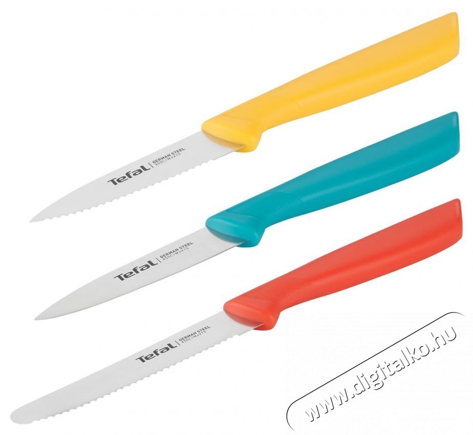 Tefal Colorfood 3 darabos k&eacute;sk&eacute;szlet, Rozsdamentes ac&eacute;l penge, 8 cm / 10 cm, S&aacute;rga/Narancss&aacute;rga/K&eacute;k Konyhai term&eacute;kek - Konyhai eszk&ouml;z - K&eacute;s / oll&oacute; - 533791