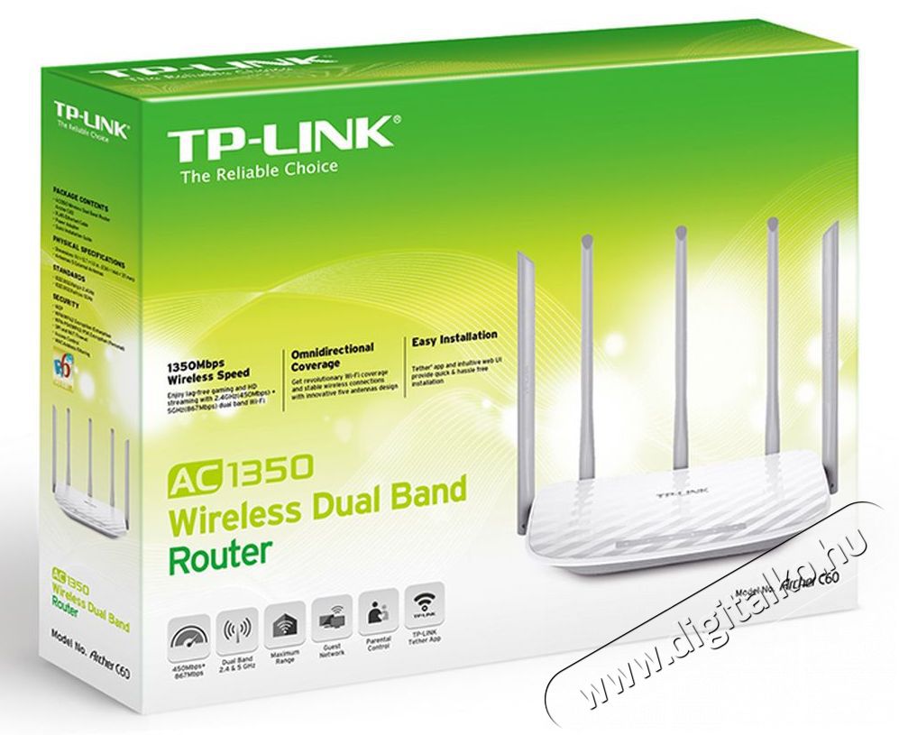 TP-LINK Archer C60 AC1350 Dual-Band Vezet&eacute;k n&eacute;lk&uuml;li router Iroda &eacute;s sz&aacute;m&iacute;t&aacute;stechnika - H&aacute;l&oacute;zat - Router - 368521