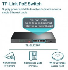 TP-LINK TL-SL1218P 16xFE PoE+ LAN 2xGbE LAN 1xRJ45/SFP Combo port PoE+ switch Iroda és számítástechnika - Hálózat - Switch - 420961