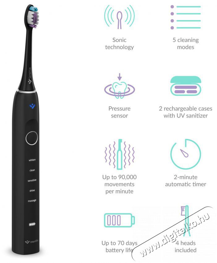 TRUELIFE SonicBrush Clean70 UV Elektromos fogkefe Sz&eacute;ps&eacute;g&aacute;pol&aacute;s / Eg&eacute;szs&eacute;g - Sz&aacute;j / fog &aacute;pol&aacute;s - Elektromos fogkefe - 526500
