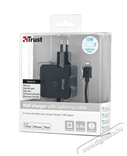 Trust 12W fali töltő + lighning kábel (19154) Mobil / Kommunikáció / Smart - Mobiltelefon kiegészítő / tok - Hálózati-, autós töltő - 320041