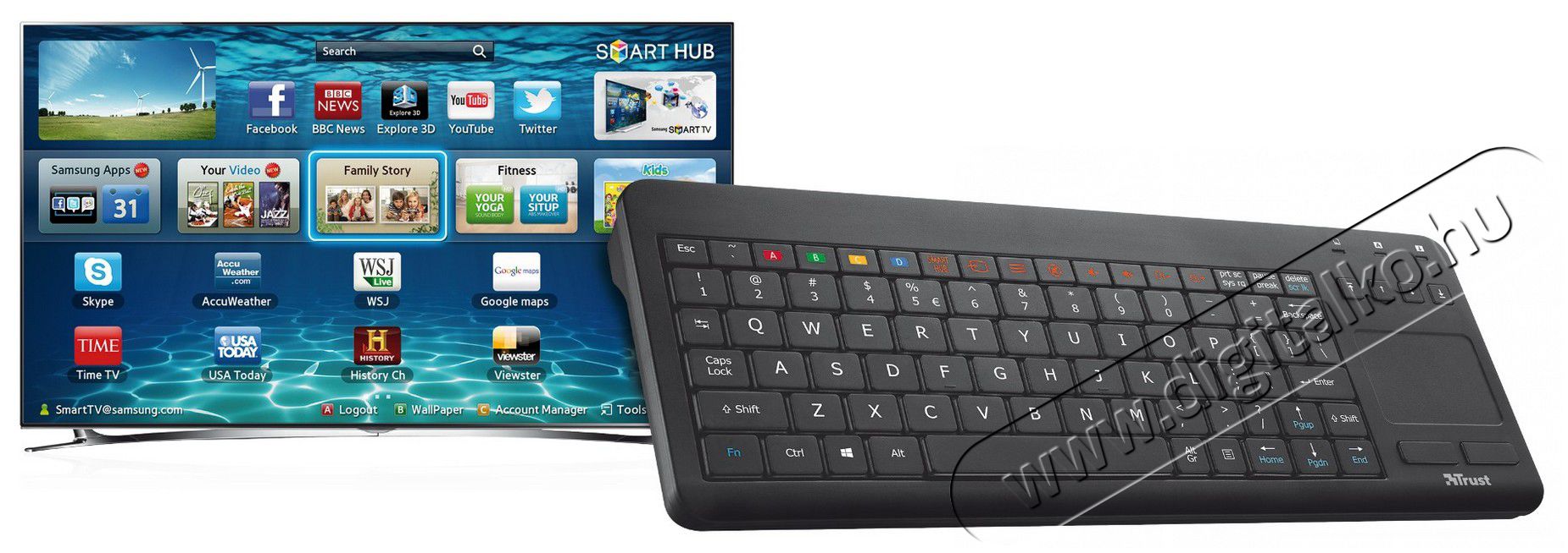 Trust Sento vezeték nélküli billentyűzet HU + touchpad Samsung Smart TV-hez (20290) Tv kiegészítők - Távvezérlő - Wireless billentyűzet - 316990