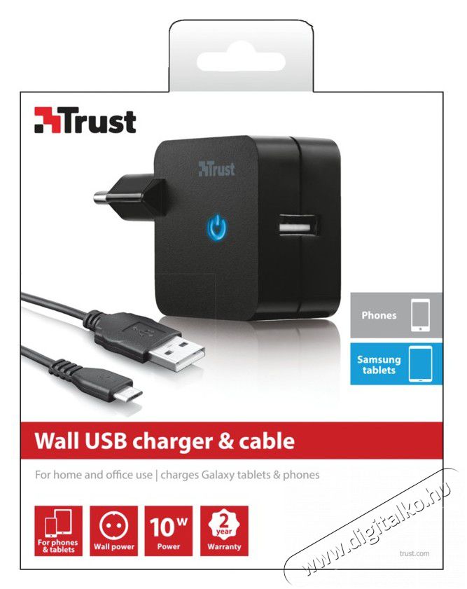 Trust 10W fali adapter + Samsung Galaxy kábel (19421) Mobil / Kommunikáció / Smart - Mobiltelefon kiegészítő / tok - Hálózati-, autós töltő - 320036