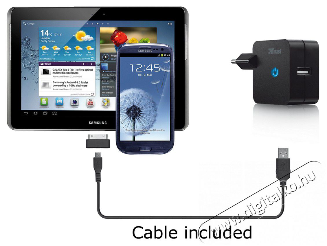 Trust 10W fali adapter + Samsung Galaxy kábel (19421) Mobil / Kommunikáció / Smart - Mobiltelefon kiegészítő / tok - Hálózati-, autós töltő - 320036