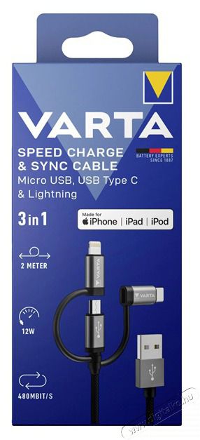 Varta 57937101111 2m 12W 3in1 USB A - Lightning/microUSB/Type C adat- és töltőkábel Akkuk és töltők - Li-ion akkumulátor és töltő (gyári) - Töltő / hálózati adapter - 508286