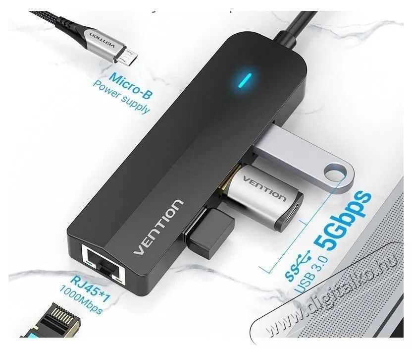 Vention Type-C (USB-C) to 3&times; USB 3.0 / RJ45 / Micro-B HUB 0.15M Black ABS Type Iroda &eacute;s sz&aacute;m&iacute;t&aacute;stechnika - Notebook kieg&eacute;sz&iacute;tő - Egy&eacute;b notebook kieg&eacute;sz&iacute;tő - 532827