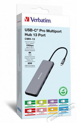 VERBATIM 32153 USB-C Pro Multiport CMH-13 13in1 ezüst HUB Iroda és számítástechnika - Notebook kiegészítő - USB hub / elosztó - 507642