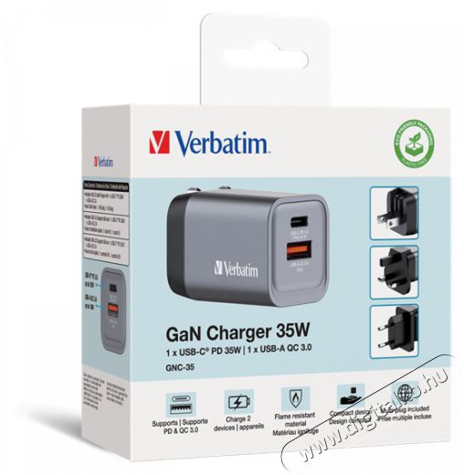 VERBATIM 32200 GNC-35 GaN Charger 35W USB Type-A + Type-C hálózati töltő adapter Akkuk és töltők - Li-ion akkumulátor és töltő (gyári) - Töltő / hálózati adapter - 514984