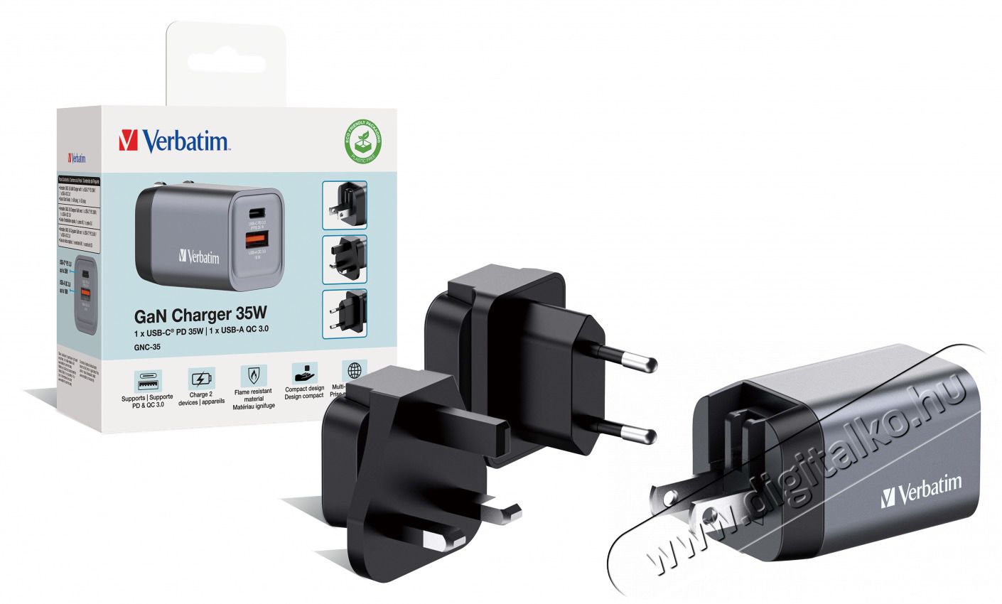 VERBATIM 32200 GNC-35 GaN Charger 35W USB Type-A + Type-C hálózati töltő adapter Akkuk és töltők - Li-ion akkumulátor és töltő (gyári) - Töltő / hálózati adapter - 514984