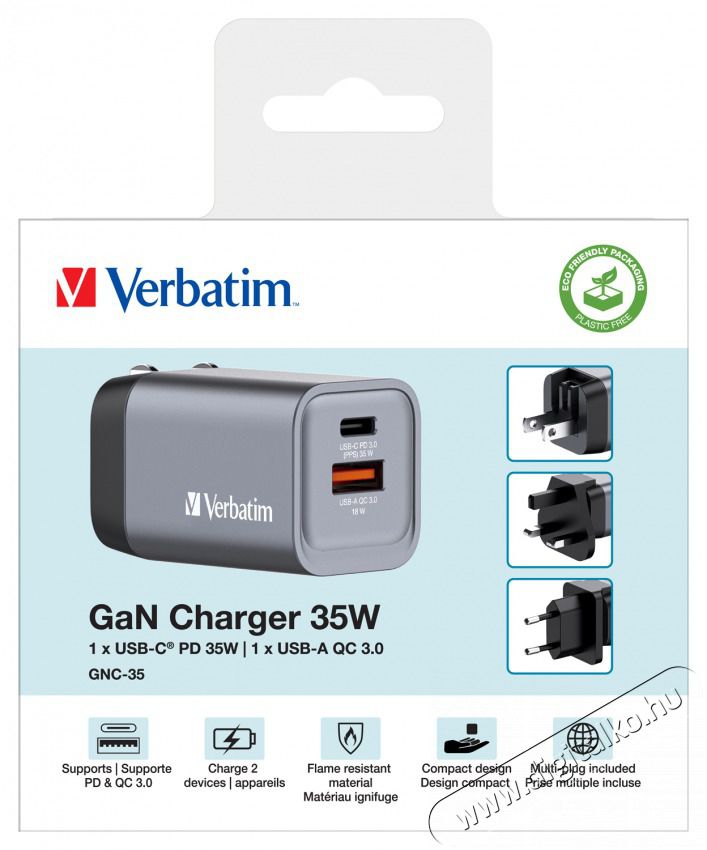 VERBATIM 32200 GNC-35 GaN Charger 35W USB Type-A + Type-C hálózati töltő adapter Akkuk és töltők - Li-ion akkumulátor és töltő (gyári) - Töltő / hálózati adapter - 514984