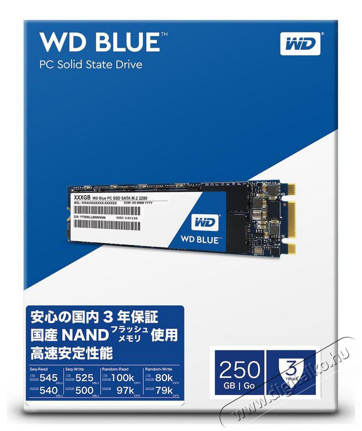 Western Digital 250GB M.2 2280 Blue (WDS250G1B0B) SSD Iroda és számítástechnika - Adattároló / merevlemez - SSD - 326174